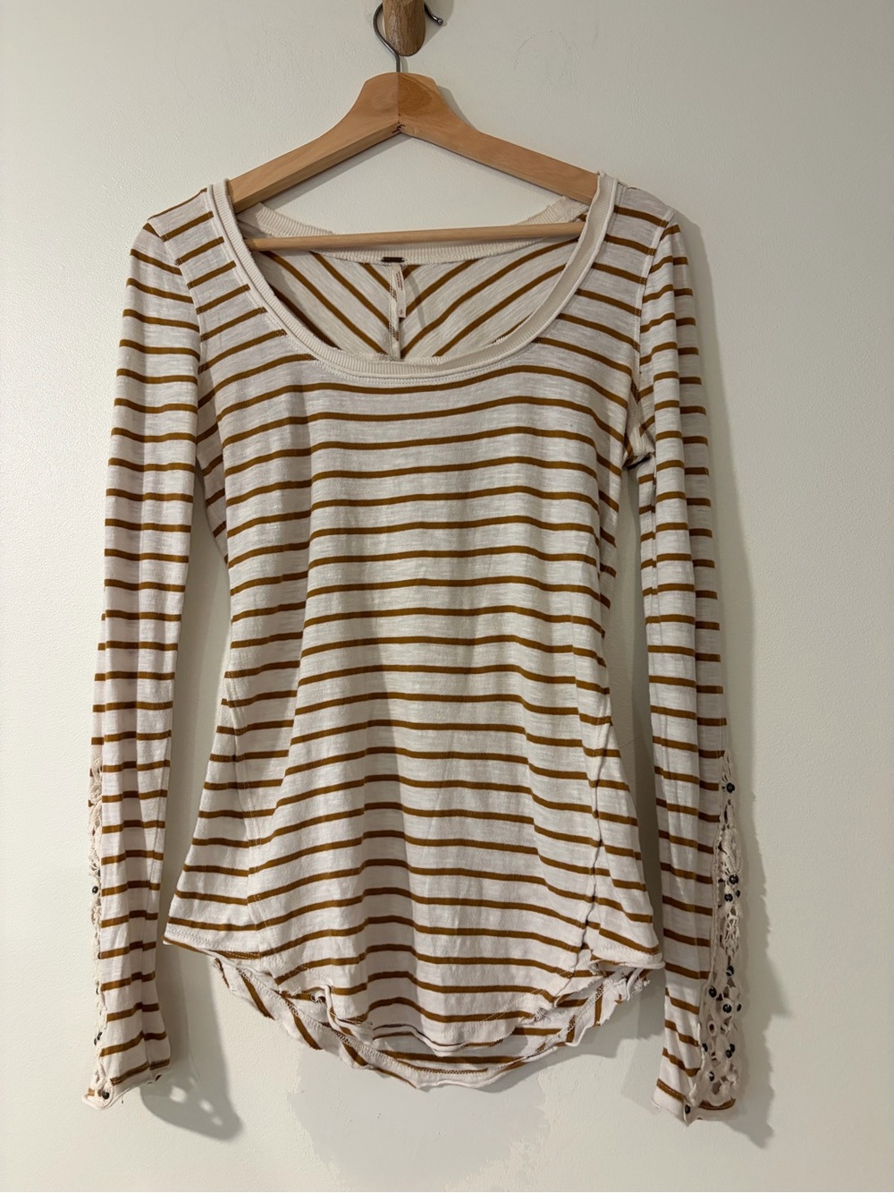 Vintage Free People embroidery Striped White and Mustard Long-Sleeve Women's Top